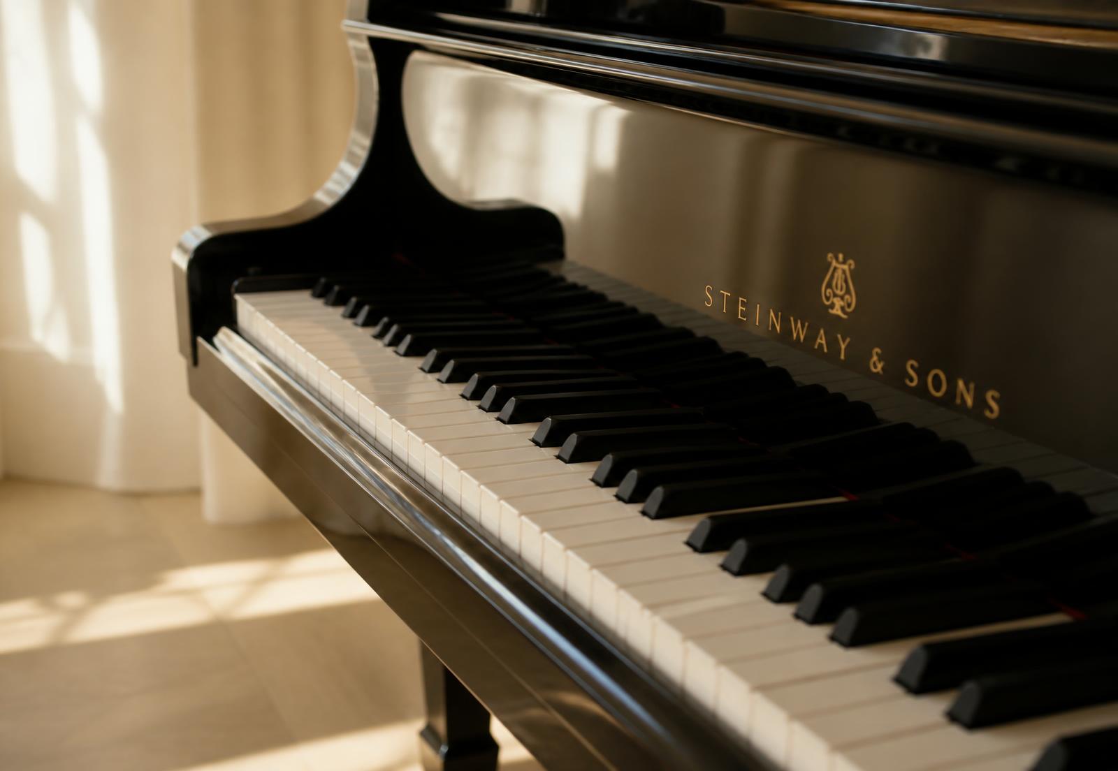 Sunlight falling across the keys of a polished grand piano